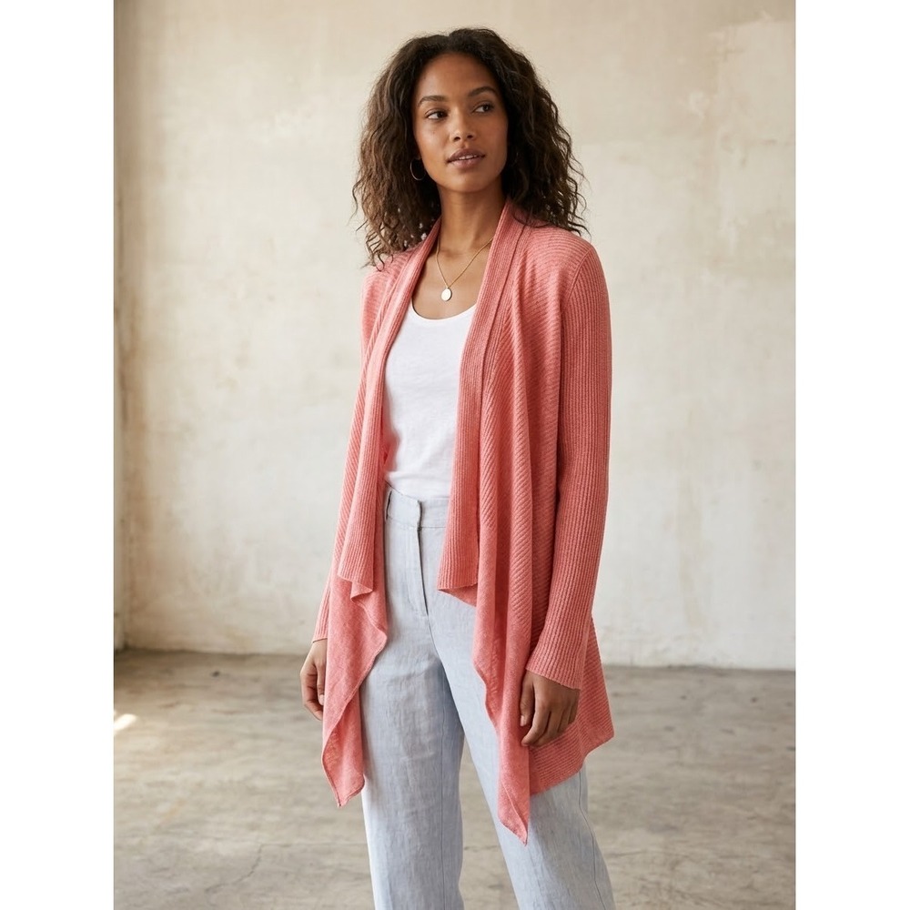 Eileen Fisher Petite Pink 100% Linen Draped Open Front Cardigan Sweater PS